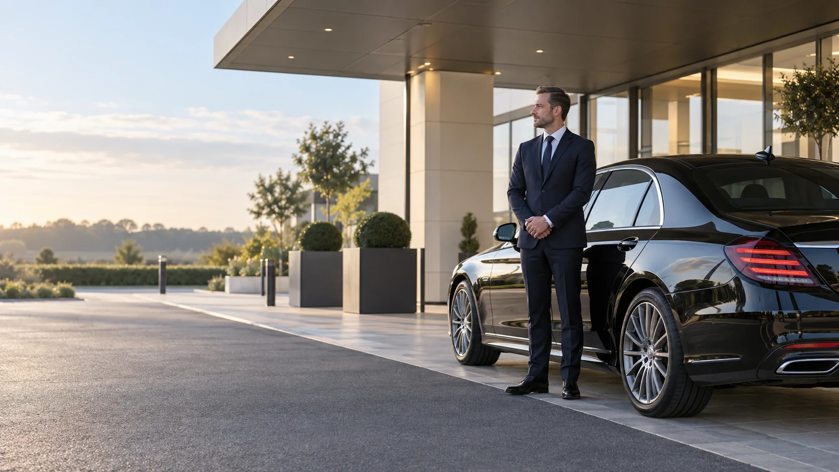 Illustrative suited chauffeur waiting beside a black executive car at a business aviation terminal