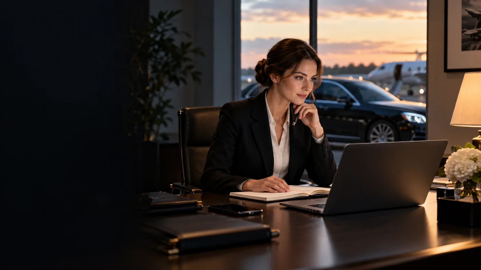Illustrative ground transport coordinator planning chauffeur journeys in an office