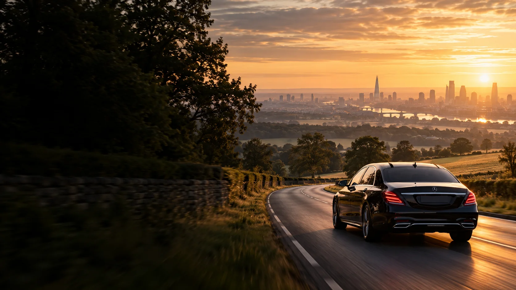 Illustrative chauffeur car on a country road toward the London skyline at sunset