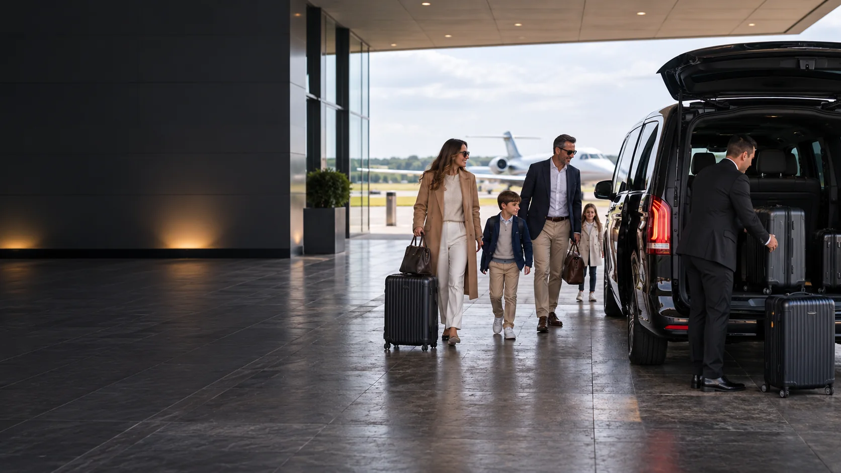 Illustrative family with luggage beside a black passenger van at a private terminal