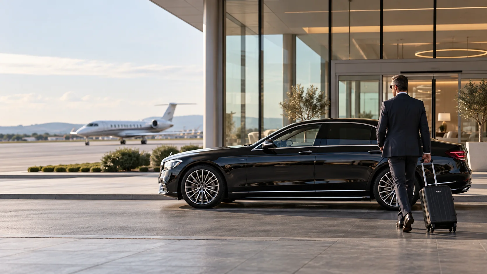 Illustrative black chauffeur car by a business aviation terminal with a private jet in the distance