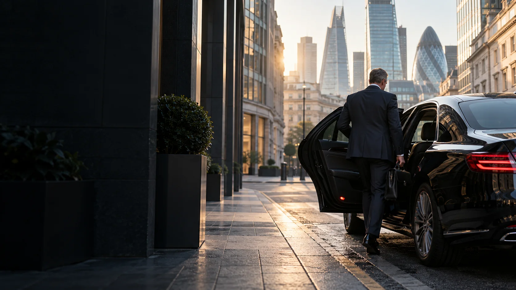 Illustrative executive and black chauffeur saloon in the City of London business district
