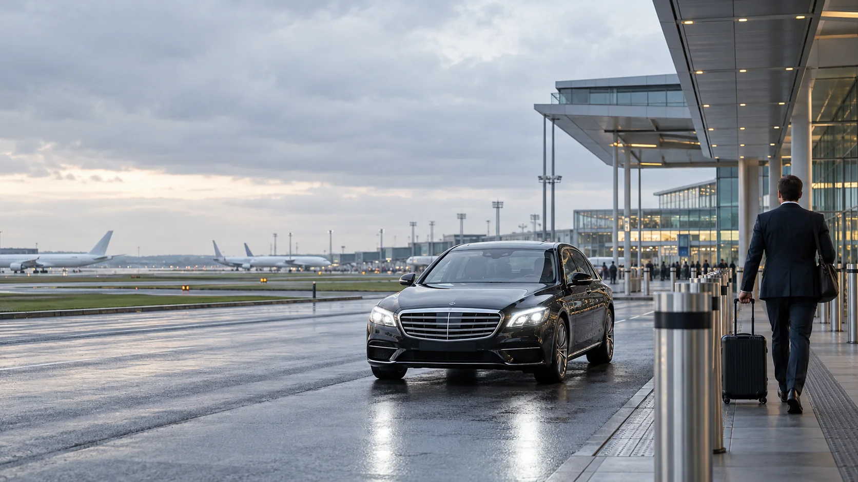 Illustrative black chauffeur saloon and passenger outside a generic international airport