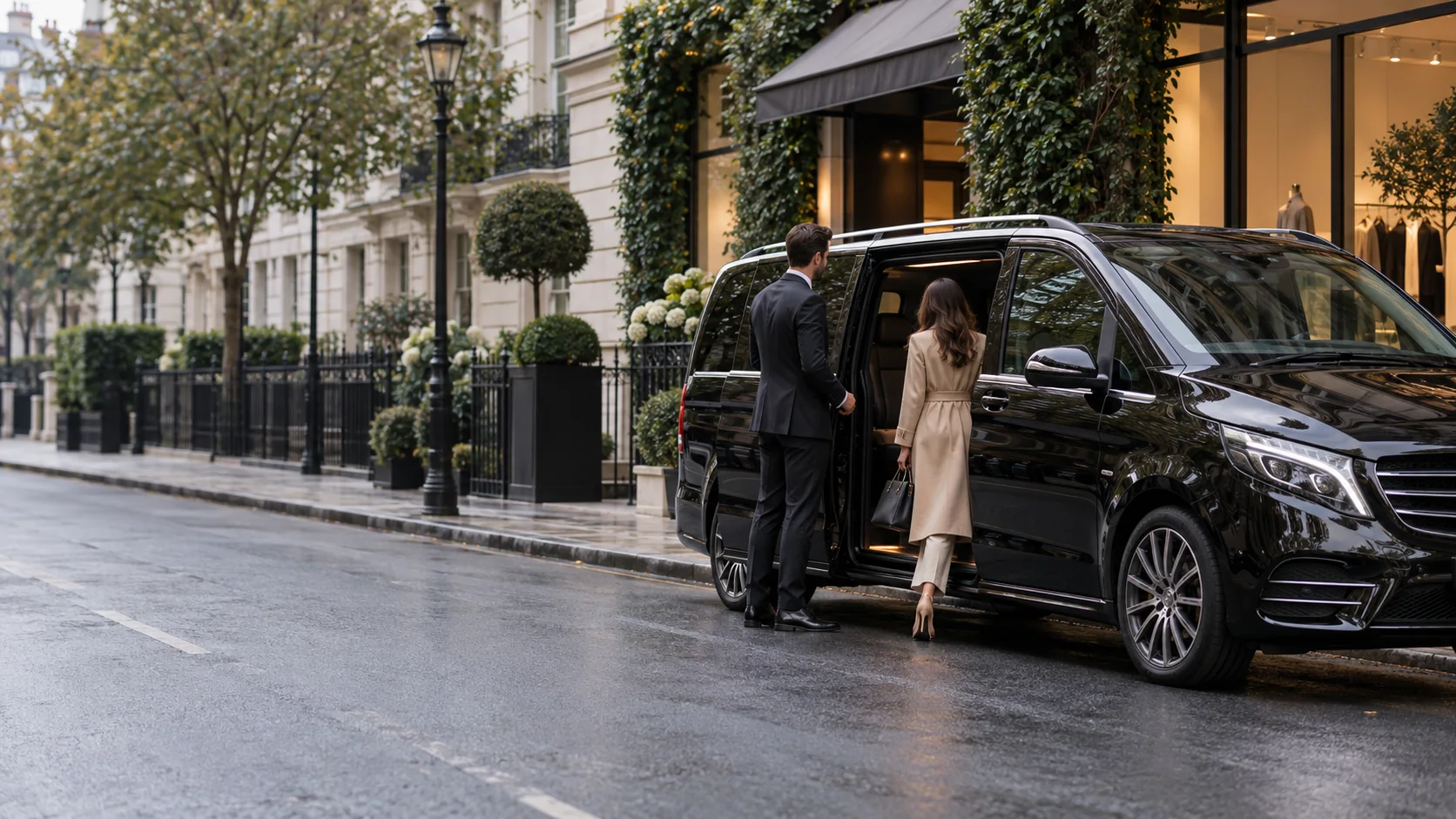 Illustrative chauffeur and passenger beside a black luxury van on an elegant London street