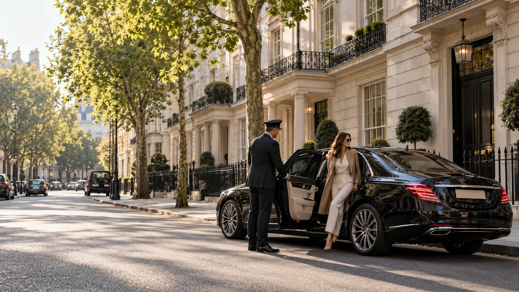 Illustrative chauffeur welcoming a passenger beside a black saloon on a London townhouse street