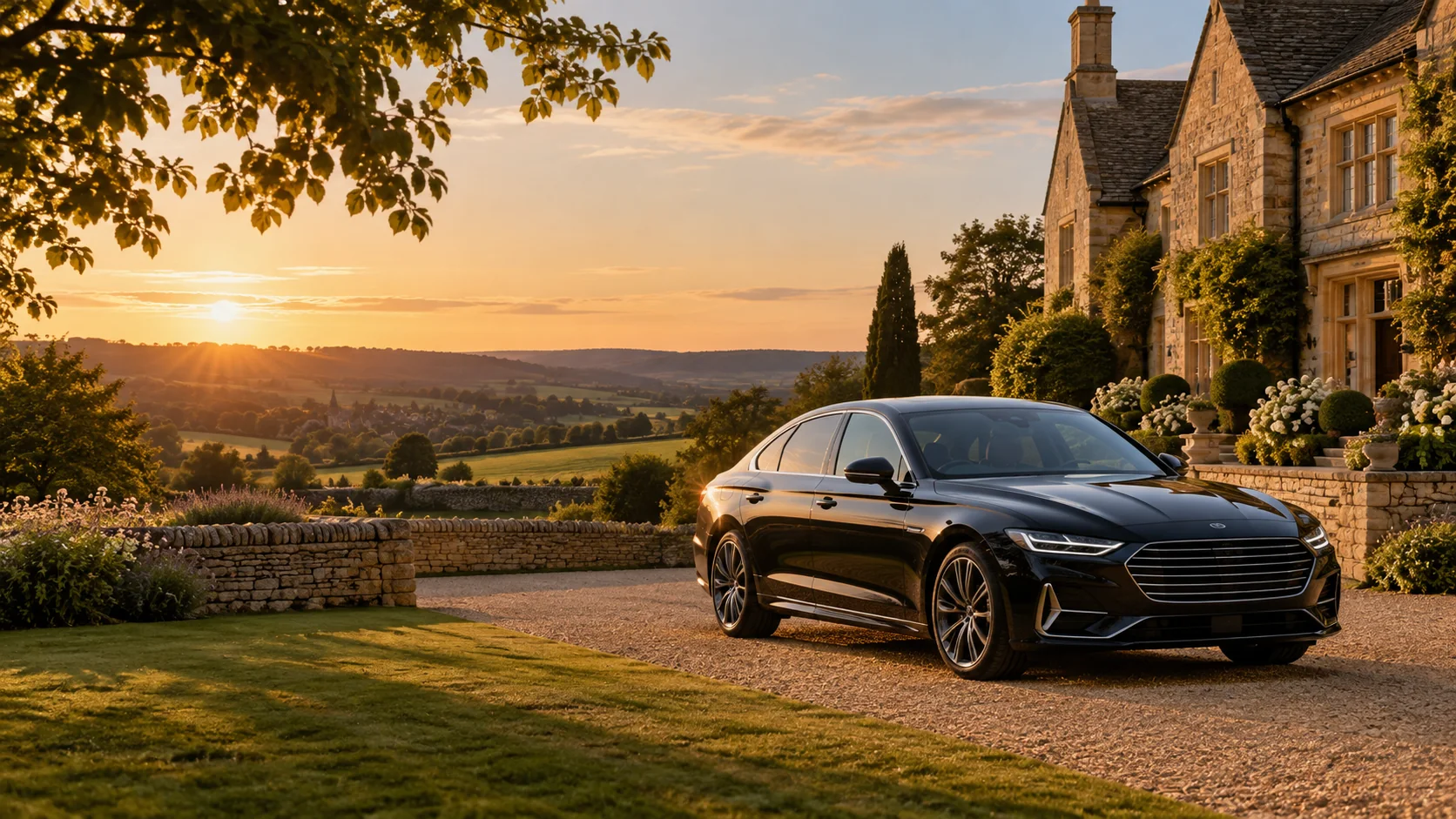 Illustrative black executive car outside a Cotswolds stone country house