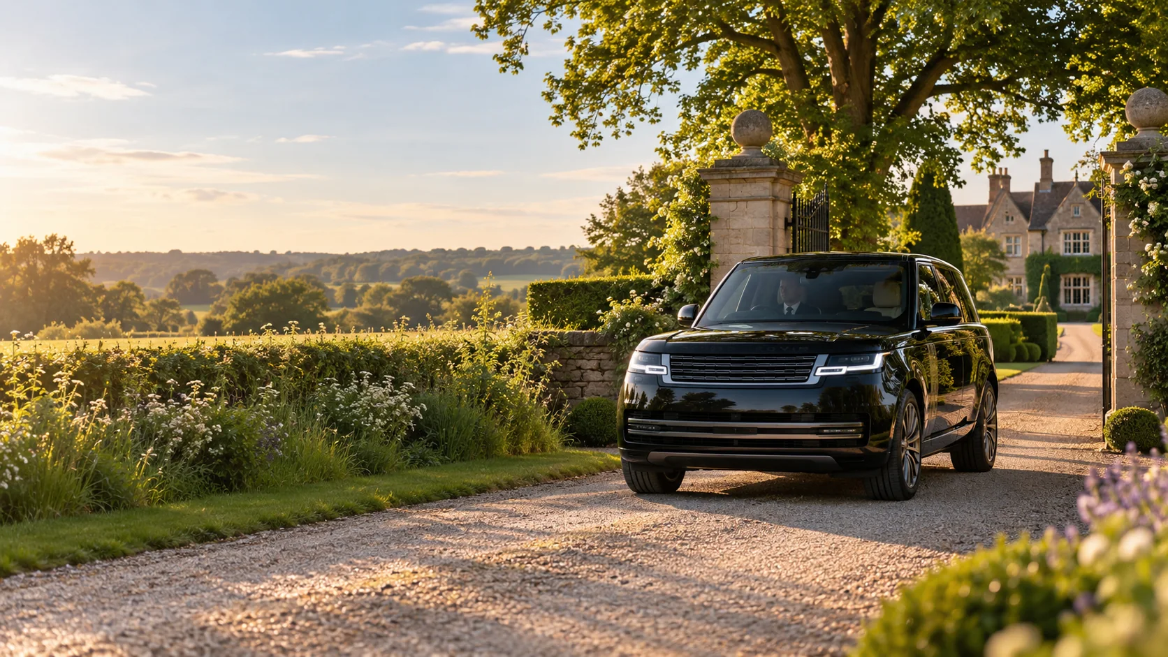 Illustrative black luxury SUV arriving at a Surrey country property