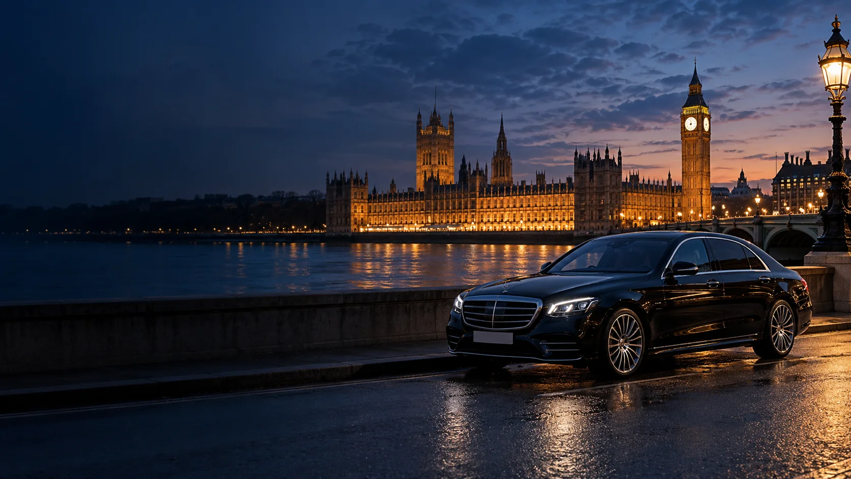 Illustrative black chauffeur car near central London landmarks at night
