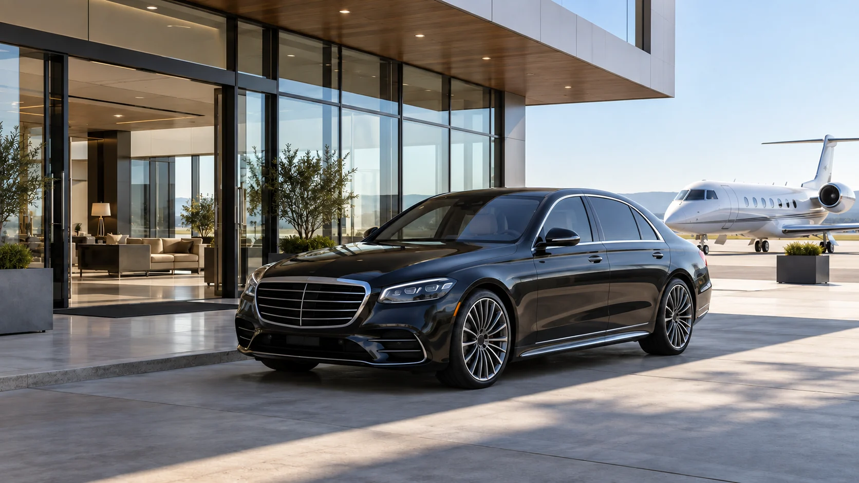 Illustrative executive vehicle outside a private aviation terminal